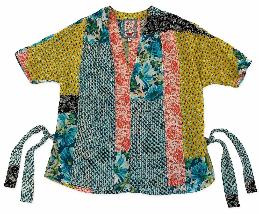 Johnny Was Women S Patchwork Top Floral Paisley Cupra Rayon Boho Tie Sides